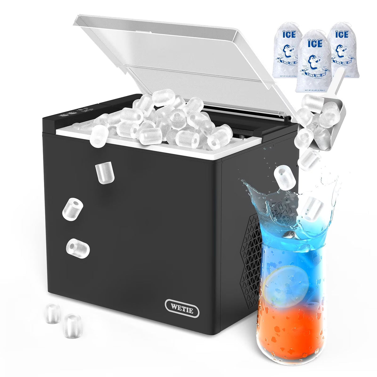 WETIE Countertop Ice Maker, 9 Bullet Ice Cubes In 6 Mins, 2 Ice Sizes, 26 lbs/24H