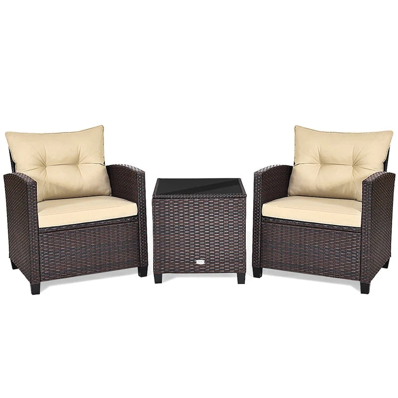 3-Piece Rattan Patio Conversation Set With Cushions And Coffee Table