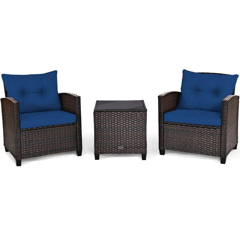 3-Piece Rattan Patio Conversation Set With Cushions And Coffee Table
