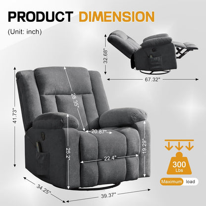 Korser Swivel Rocker Recliner Chair With Massage, Heating, USB Charging And Storage