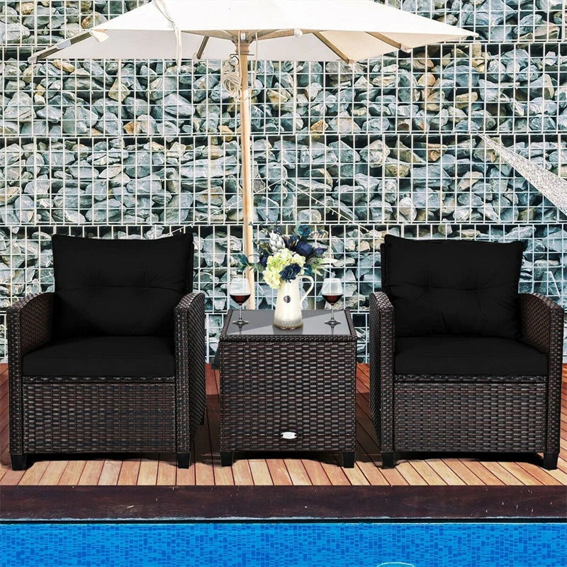 3-Piece Rattan Patio Conversation Set With Cushions And Coffee Table