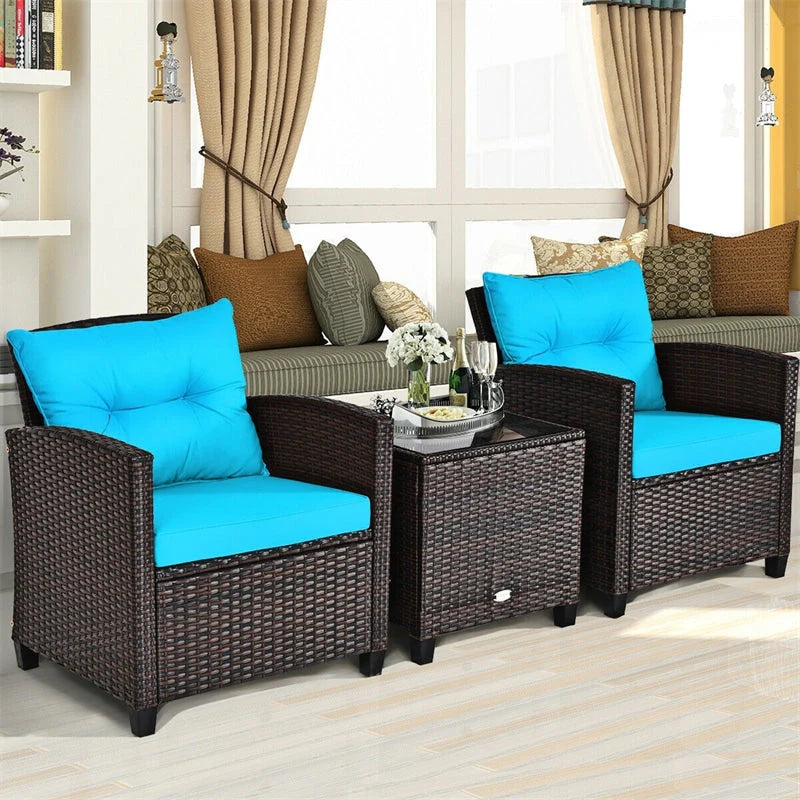 3-Piece Rattan Patio Conversation Set With Cushions And Coffee Table