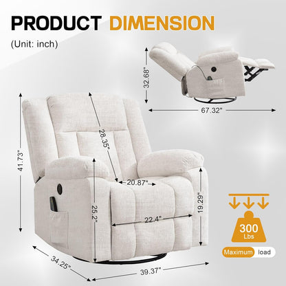 Korser Swivel Rocker Recliner Chair With Massage, Heating, USB Charging And Storage