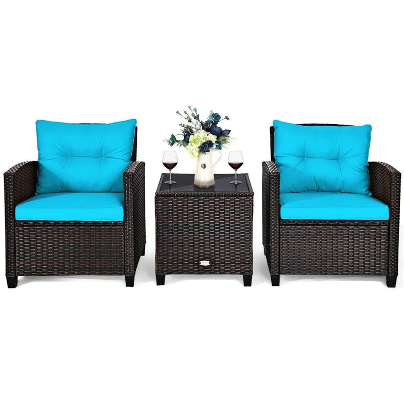 3-Piece Rattan Patio Conversation Set With Cushions And Coffee Table