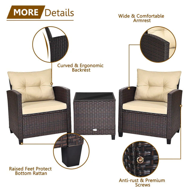 3-Piece Rattan Patio Conversation Set With Cushions And Coffee Table