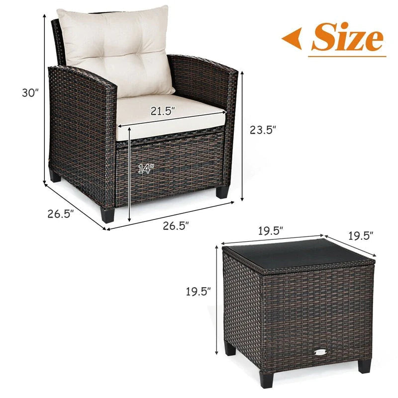 3-Piece Rattan Patio Conversation Set With Cushions And Coffee Table