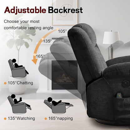 Korser Swivel Rocker Recliner Chair With Massage, Heating, USB Charging And Storage