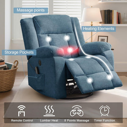 Korser Swivel Rocker Recliner Chair With Massage, Heating, USB Charging And Storage