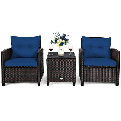 3-Piece Rattan Patio Conversation Set With Cushions And Coffee Table