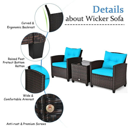 3-Piece Rattan Patio Conversation Set With Cushions And Coffee Table