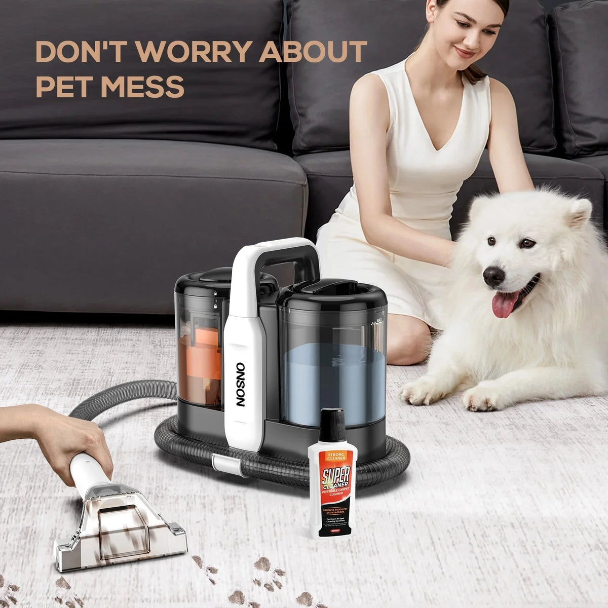 ONSON Portable Carpet Cleaner Machine, White, 450W, 11Kpa, 1.5L Clean Water Tank