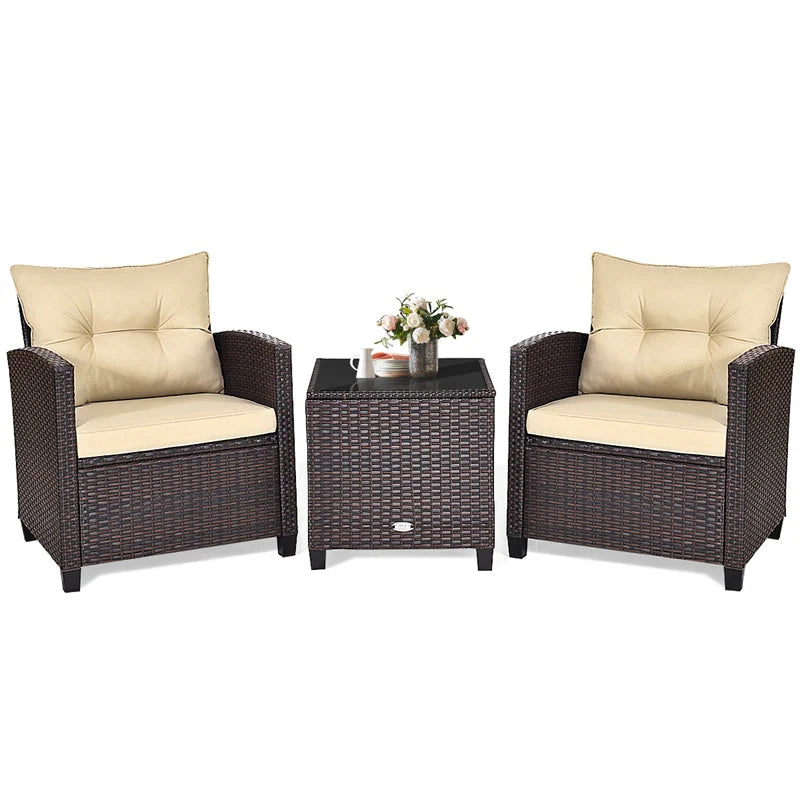 3-Piece Rattan Patio Conversation Set With Cushions And Coffee Table