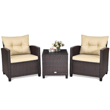 3-Piece Rattan Patio Conversation Set With Cushions And Coffee Table