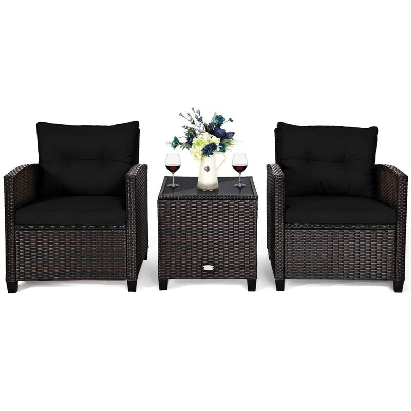 3-Piece Rattan Patio Conversation Set With Cushions And Coffee Table