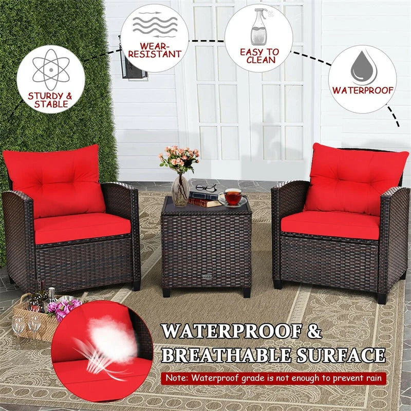 3-Piece Rattan Patio Conversation Set With Cushions And Coffee Table