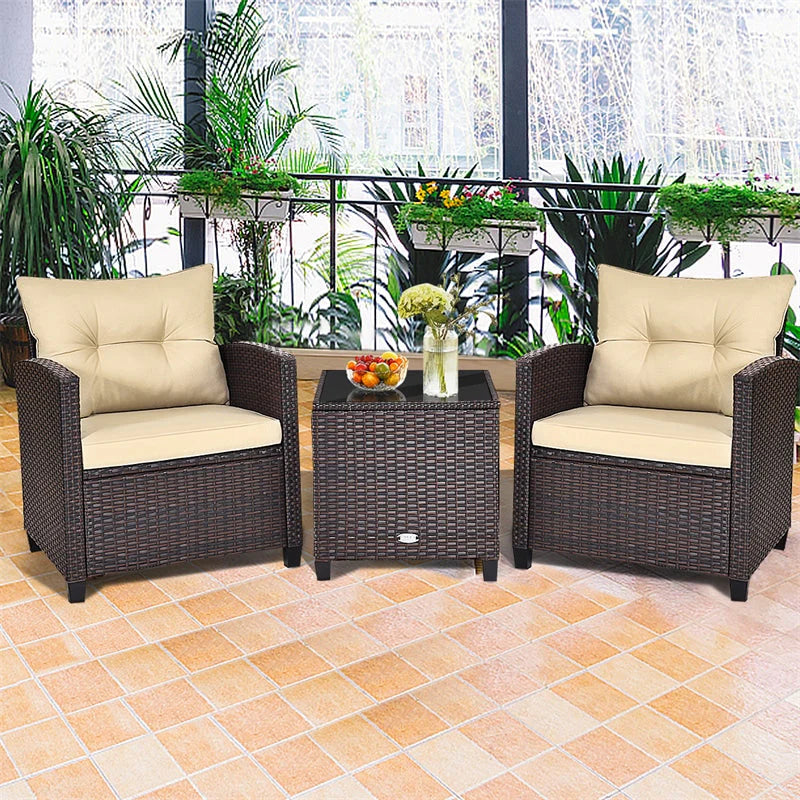 3-Piece Rattan Patio Conversation Set With Cushions And Coffee Table