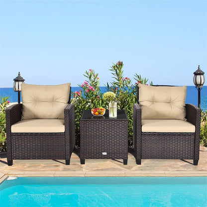 3-Piece Rattan Patio Conversation Set With Cushions And Coffee Table