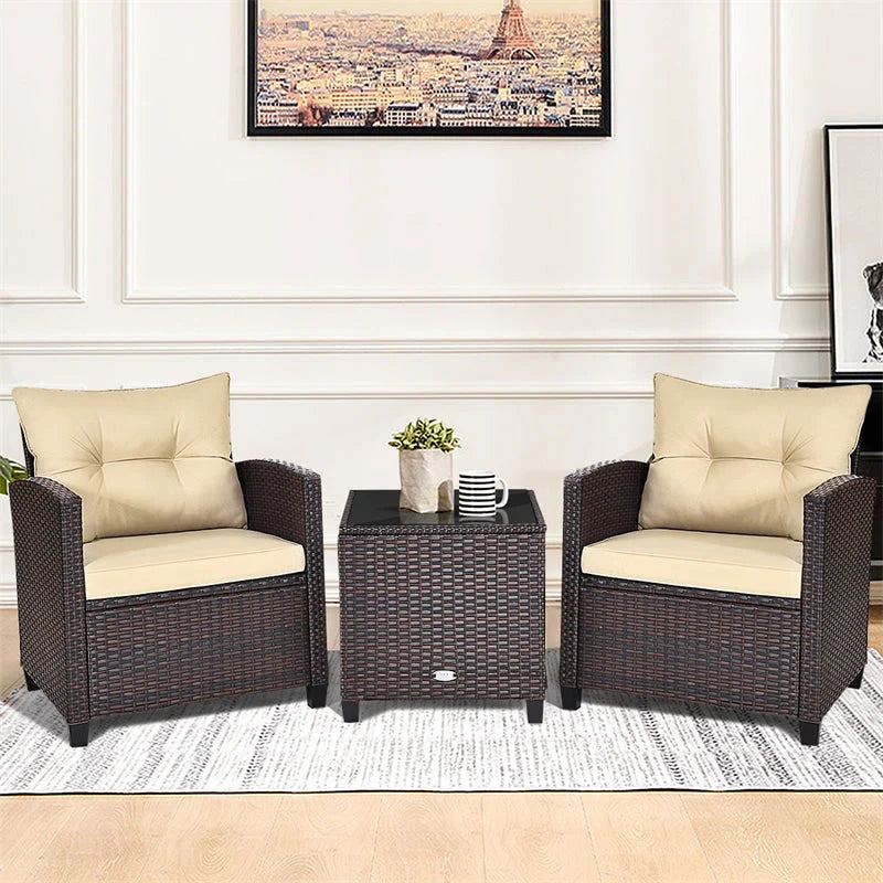 3-Piece Rattan Patio Conversation Set With Cushions And Coffee Table