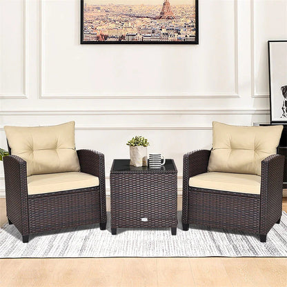 3-Piece Rattan Patio Conversation Set With Cushions And Coffee Table