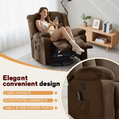 Korser Swivel Rocker Recliner Chair With Massage, Heating, USB Charging And Storage