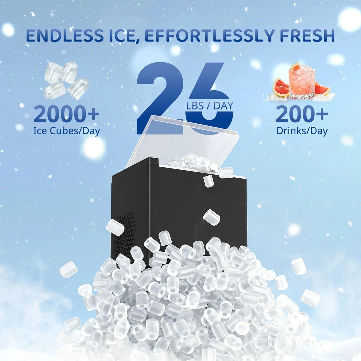 WETIE Countertop Ice Maker, 9 Bullet Ice Cubes In 6 Mins, 2 Ice Sizes, 26 lbs/24H