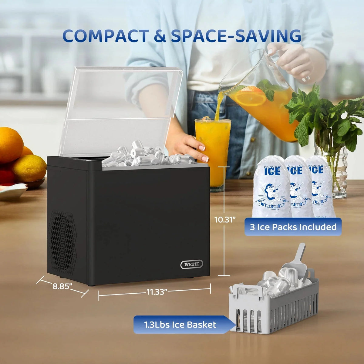 WETIE Countertop Ice Maker, 9 Bullet Ice Cubes In 6 Mins, 2 Ice Sizes, 26 lbs/24H