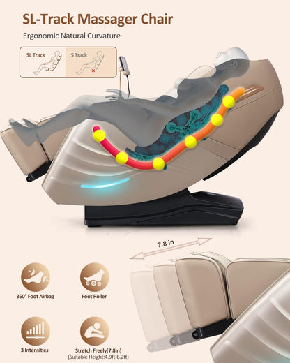 RELX Full Body Zero Gravity SL-Track Shiatsu Massage Chair, Cream