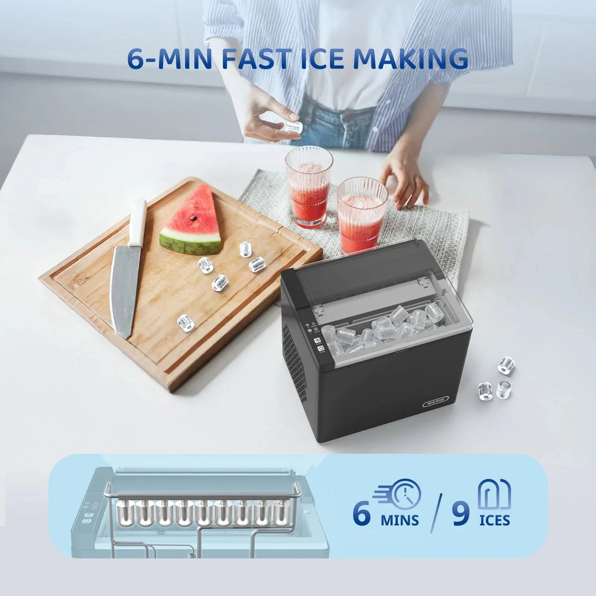 WETIE Countertop Ice Maker, 9 Bullet Ice Cubes In 6 Mins, 2 Ice Sizes, 26 lbs/24H