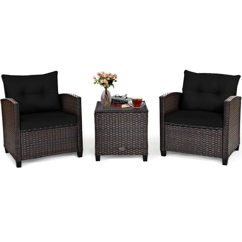 3-Piece Rattan Patio Conversation Set With Cushions And Coffee Table