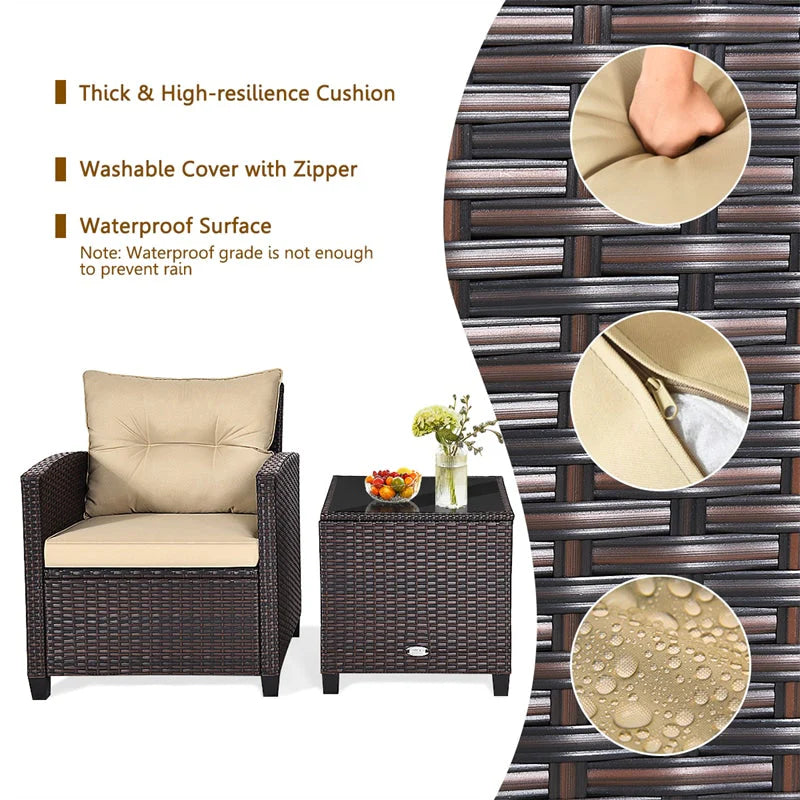 3-Piece Rattan Patio Conversation Set With Cushions And Coffee Table