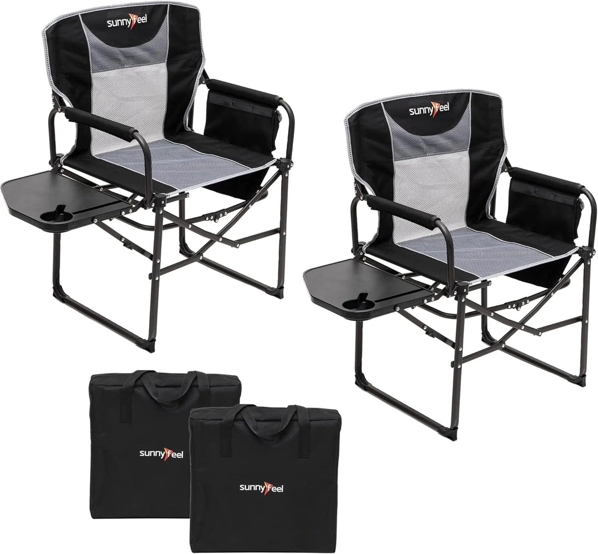 Folding Camping Chairs With Side Tables And Storage Bags - 2 Pcs