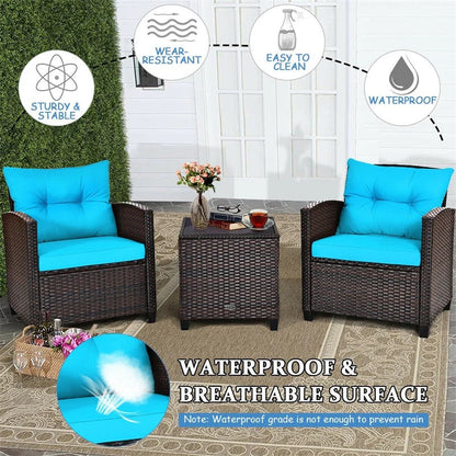 3-Piece Rattan Patio Conversation Set With Cushions And Coffee Table
