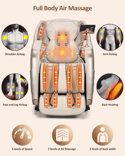 RELX Full Body Zero Gravity SL-Track Shiatsu Massage Chair, Cream