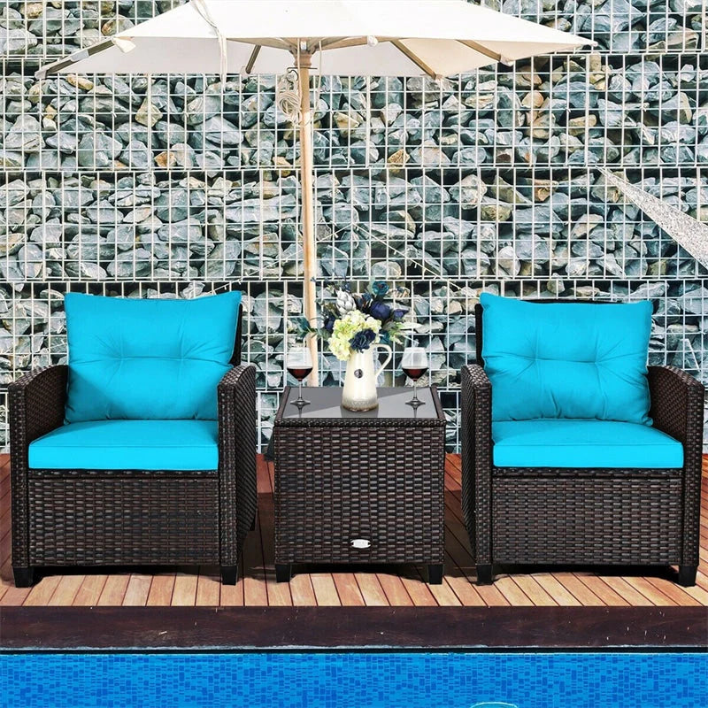 3-Piece Rattan Patio Conversation Set With Cushions And Coffee Table