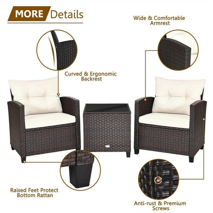3-Piece Rattan Patio Conversation Set With Cushions And Coffee Table