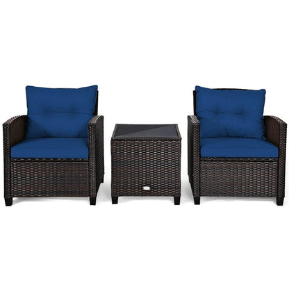 3-Piece Rattan Patio Conversation Set With Cushions And Coffee Table