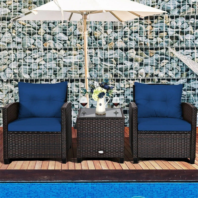 3-Piece Rattan Patio Conversation Set With Cushions And Coffee Table
