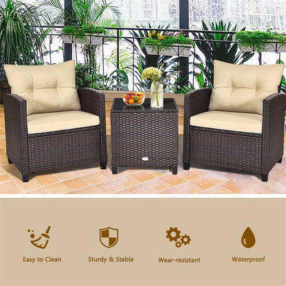 3-Piece Rattan Patio Conversation Set With Cushions And Coffee Table